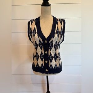 🔥SOLD🔥Navy and Cream Argyle Women's Preppy Sweater Vest V Neck Button Down